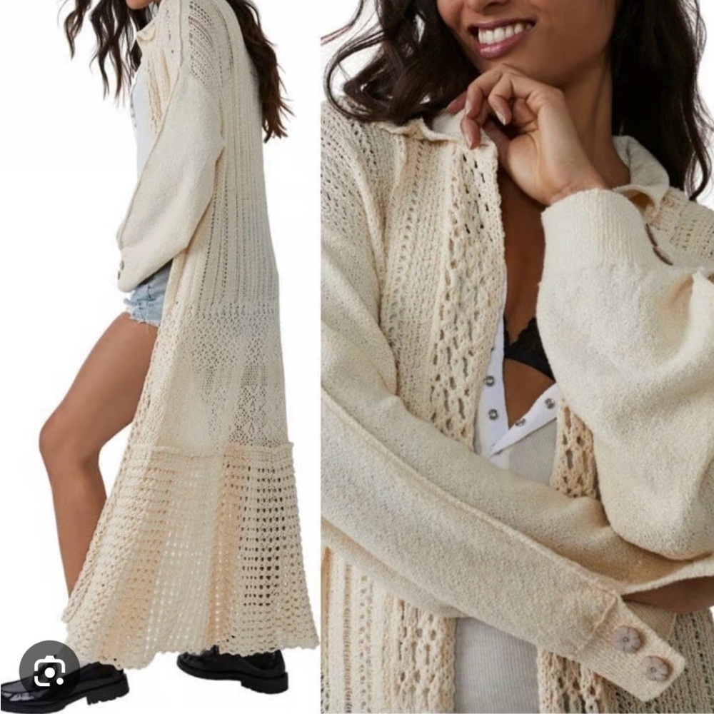 Free People Sunlight Mixed Stitch Long Cardigan Sweater Duster Boho Ivory medium